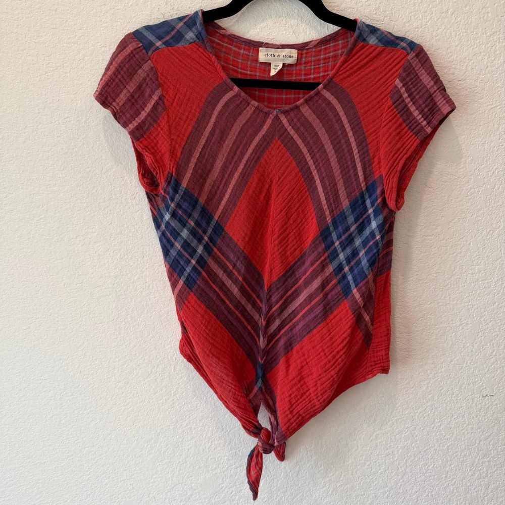 Cloth & Stone Red Plaid Tie Front Double Gauze Top V-Neck Short Sleeve XS